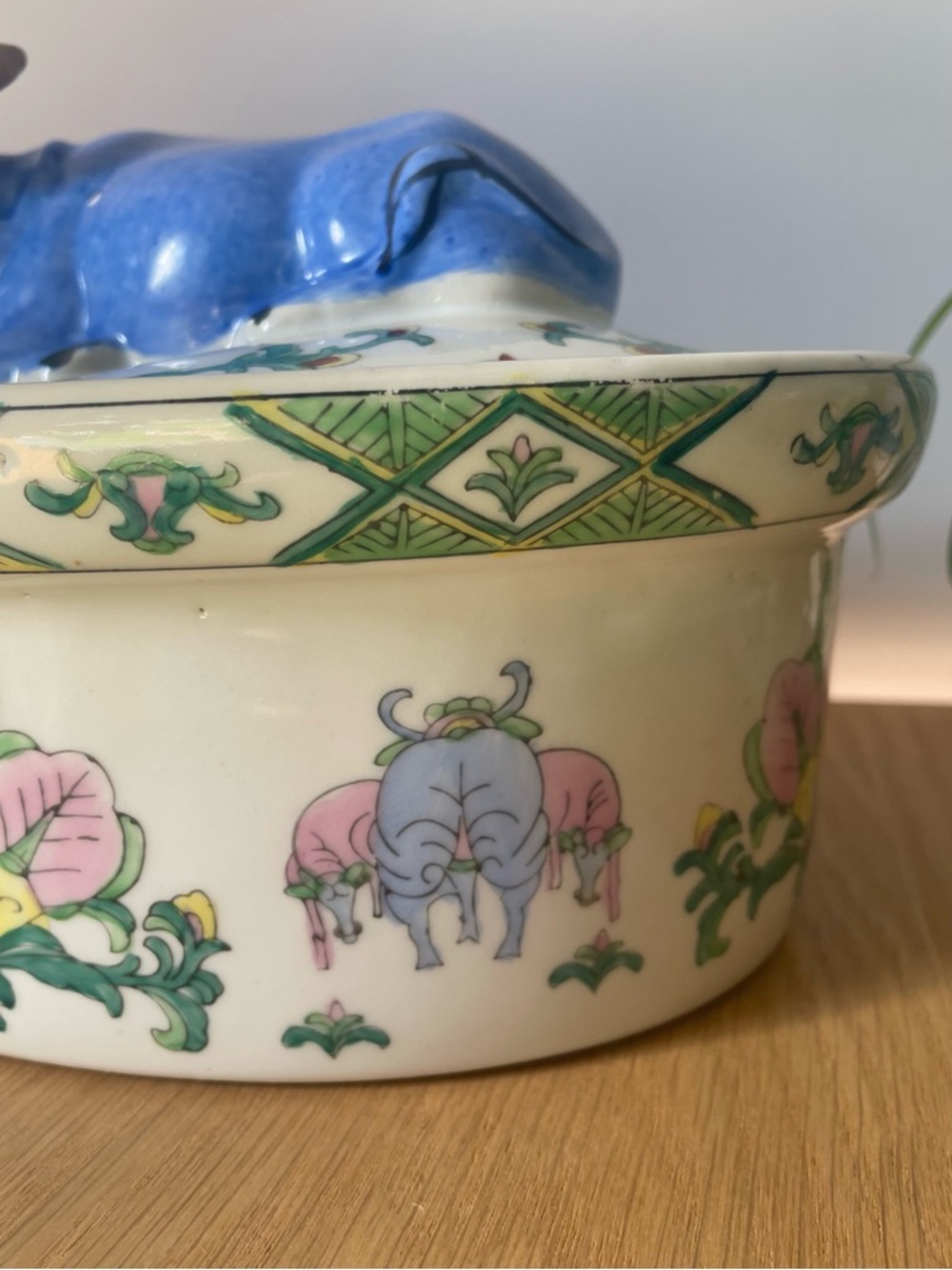 Rare Vintage Ceramic Blue Chinese Water Buffalo Ox Lidded Casserole Dish Tureen - Picture 6 of 14